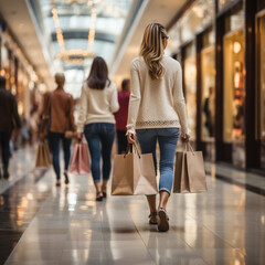 Blurred background of a modern shopping mall with some shoppers. Shoppers walking at shopping center, motion blur. Abstract motion blurred shoppers with shopping bags,