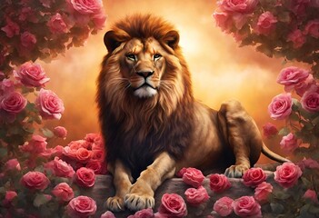 Blossom Beast: Detailed Rose Lion in a Natural Paradise Flower Power Roar