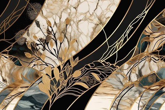 Fond art d&eacute;co abstrait avec un motif g&eacute;om&eacute;trique minimaliste, incrustation de mosa&iuml;que moderne, carrelage, texture d'agate de marbre et d'or. IA g&eacute;n&eacute;rative, IA
