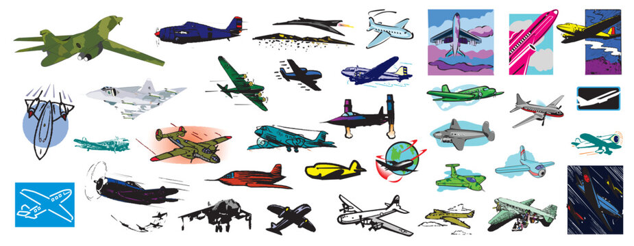 Cartoonic Logos Icons of Passenger and Fighter Aircraft Airplanes in outlines - compendium vector illustrations editable best art design for logo icon multipurpose use in high definition format