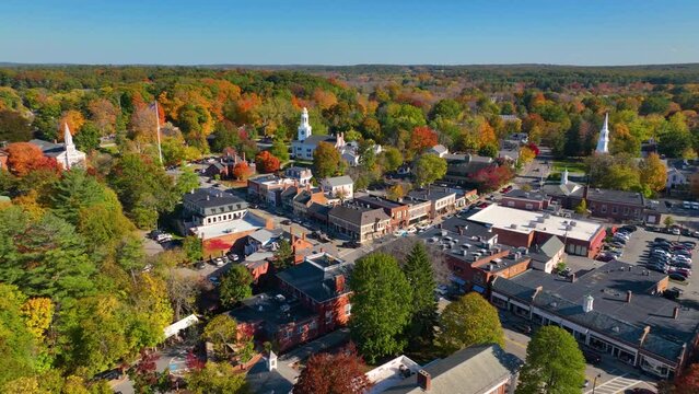 Concord historic town center aerial view in fall with fall foliage on Main Street in town of Concord, Massachusetts MA, USA. 