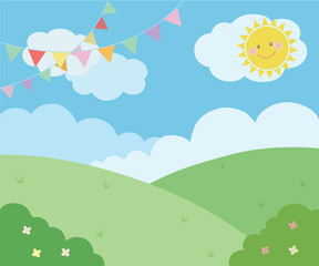 Background illustration with green hills and smiling sun - obrazy, fototapety, plakaty
