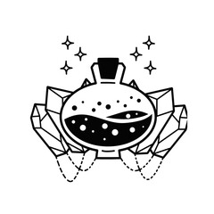 Magic bottle. Esoteric alchemy and glass elixir poison. Mystery chemistry drink. Fantasy cartoon magical mystic mixture, Vintage decorative element