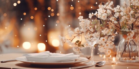 
beautiful table setting with flowers and cutlery on wooden table at wedding or dinner. stylish tablewear decorations