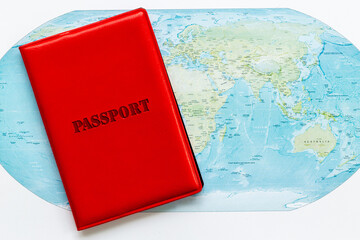 Passport and world map for vacation trip. Travel concept