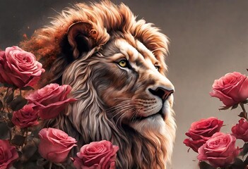 Blossom Beast: Detailed Rose Lion in a Natural Paradise Flower Power Roar