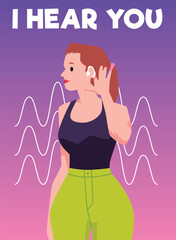 Naklejka na ściany i meble Poster about deafness with young woman, flat vector illustration