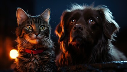 Naklejka premium A Playful Feline and a Loyal Canine Sharing a Moment of Friendship