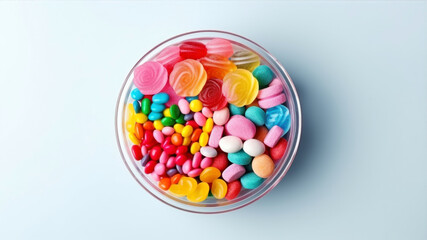 Colorful candies in a glass bowl on a blue background.