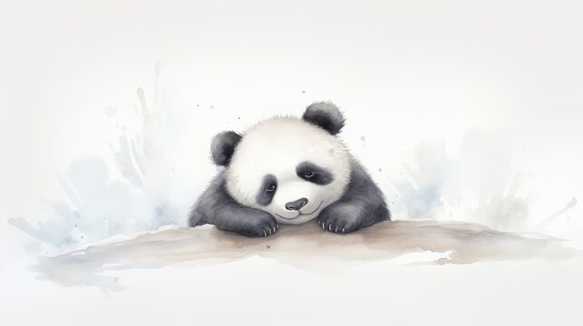  a watercolor painting of a panda bear sitting on a rock with his head resting on his paw on a white background.  generative ai