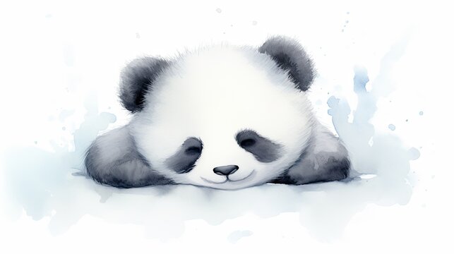  a black and white panda bear resting its head on a white surface with watercolor paint splatches on it.  generative ai