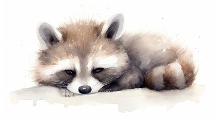 Obraz premium a painting of a raccoon laying down with its head on the ground and it's eyes closed. generative ai