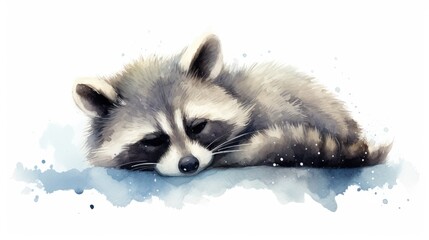 Obraz premium a painting of a raccoon laying on the ground with its head on the ground and it's eyes closed. generative ai