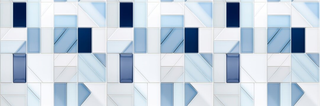 Blue white colored abstract grunge geometric rectangular square mosaic tile mirror wall texture background banner, seamless pattern