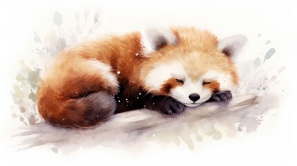 Obraz premium a watercolor painting of a red panda sleeping on top of a piece of wood with it's eyes closed. generative ai