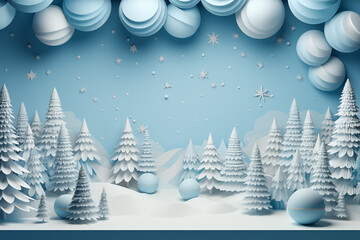 Winter background designed in an origami style, featuring a serene landscape adorned with intricate white and blue origami winter elements. Ai generated