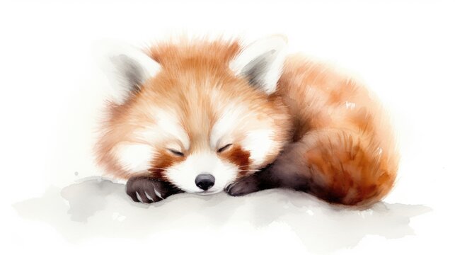 a painting of a red panda sleeping on a white surface with its head on the ground and its eyes closed.  generative ai