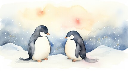  a couple of penguins standing next to each other on a snow covered ground in front of a sky filled with stars.  generative ai