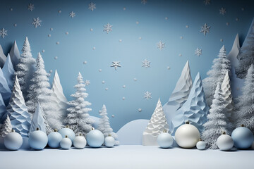 Winter background designed in an origami style, featuring a serene landscape adorned with intricate white and blue origami winter elements. Ai generated