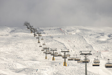 Winter dolomites in Italy.  Winter in Madonna di Campiglio village and a ski resort in northeast Italy. Madonna di Madonna di Campiglio and ursus snowpark in Val Rendena dolomites trentino Italy.