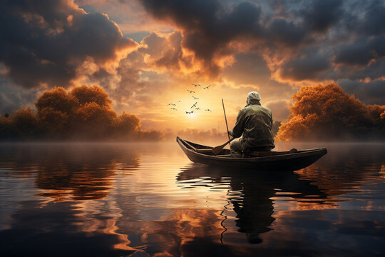 Elderly man peacefully navigating a rustic wooden boat across a serene lake. Ai generated