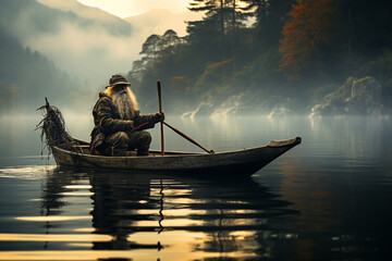 Elderly man peacefully navigating a rustic wooden boat across a serene lake. Ai generated