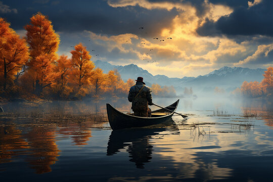 Elderly man peacefully navigating a rustic wooden boat across a serene lake. Ai generated