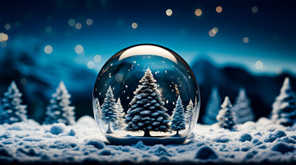 Fototapeta na wymiar A glass sphere with a Christmas landscape. Space for text.