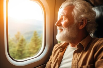 Senior man in airplane, travel and transportation with flying, window view with international...