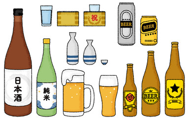 手描き風、アナログタッチの日本酒とビールのセット