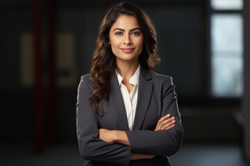 Portrait of a young confident businesswoman of Indian ethnicity in a corporate office background