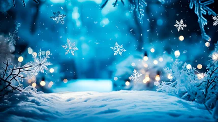 Papier Peint photo Bleu Snowflakes falling on a blue background. Christmas atmosphere