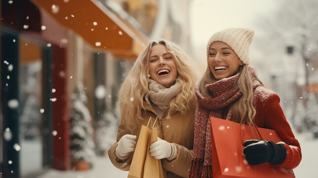 Two cheerful female friends holding shopping bags on snowy winter day. Women making shopping during Christmas sales season