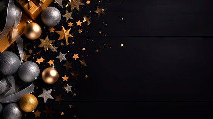 Black background with christmas decorations. Space for text.