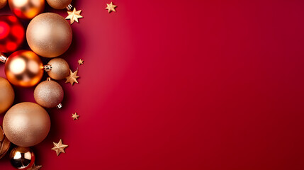 Red background with christmas decorations. Space for text.