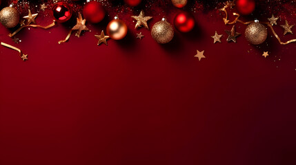 Red background with christmas decorations. Space for text.