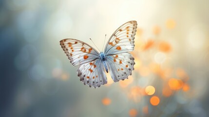  a close up of a butterfly flying in the air with boke of light in the back ground and a blurry background.  generative ai