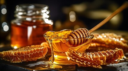 honey in a bowl with honeycombs and a honey dipper - obrazy, fototapety, plakaty