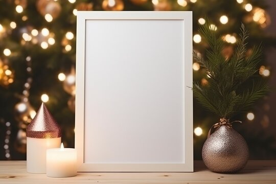 Close up 45 Ratio blank poster mockup, Decorated with christmas items, not covering the picture frame