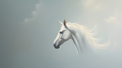 Obraz na płótnie Canvas a painting of a white horse with long manes against a gray sky with white clouds and sunbeams. generative ai