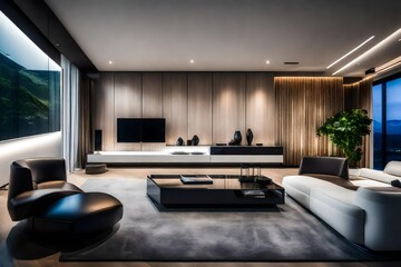 A sleek and futuristic living room with minimalist furniture, integrated smart technology, and dramatic lighting