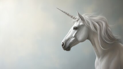 Obraz na płótnie Canvas a painting of a white unicorn with long hair and a horn on it's head, standing in front of a cloudy sky. generative ai