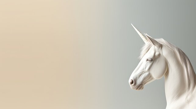  a white horse with a long mane standing in front of a gray background with a light colored wall behind it.  generative ai