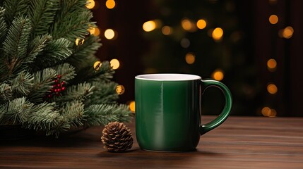  a green coffee mug sitting on top of a wooden table next to a pine cone and a christmas tree with lights in the background.  generative ai