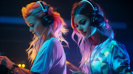 Two DJ girls in Colorful. Outfit dance enjoy music in colorful neon uv purple blue light. Rave...