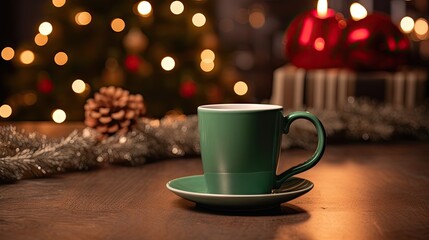  a green cup sitting on top of a saucer on top of a wooden table next to a christmas tree.  generative ai