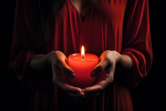 A red candle being held up in the hands, in the style of romanticized subject matter, flickering light, emphasis on light, warmcore, iso 200, karl gerstner, luminous shadowing