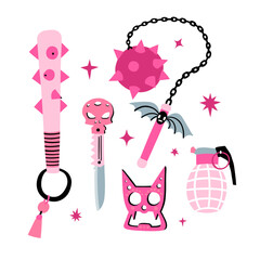 A set of different weapons: a mace, a bat with spikes, morgenstern, brass knuckles, a knife with a cranial handle, a grenade. Theme Halloween in pink with a girl’s weapon