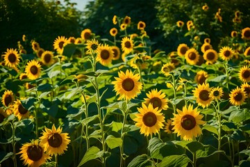 A garden filled with sunflowers in various stages of bloom