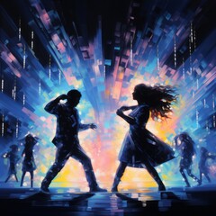 a man and woman dancing in front of colorful lights